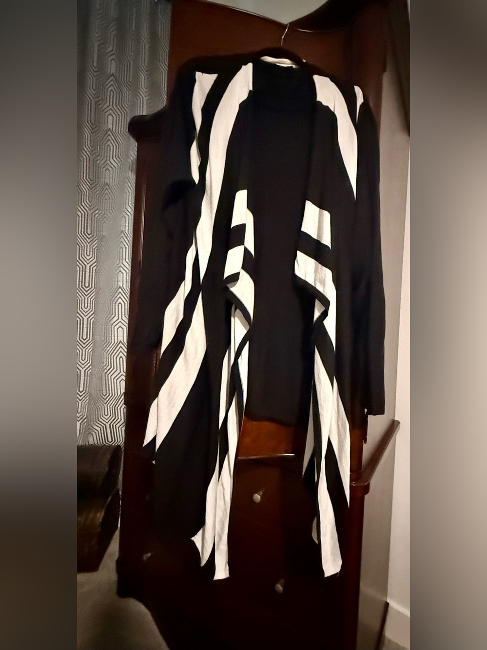 Black & White Draped Open-Front Cardigan Sweater